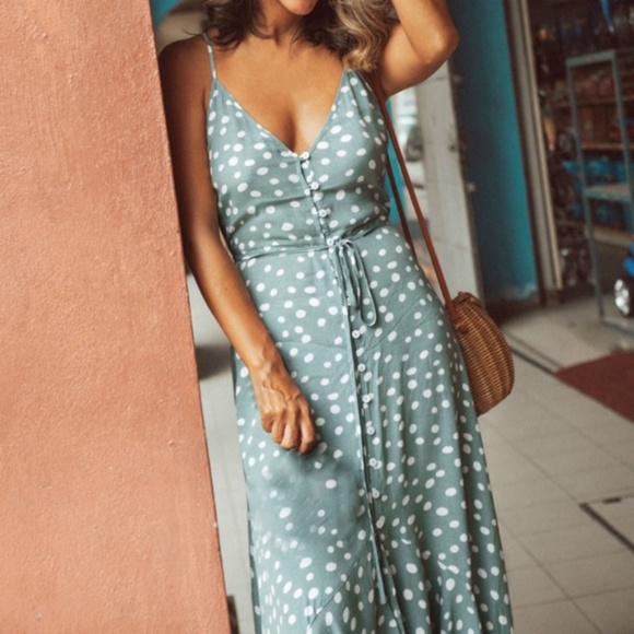 polka dot v neck ruffle button up cami maxi dress - Picture 4 of 7